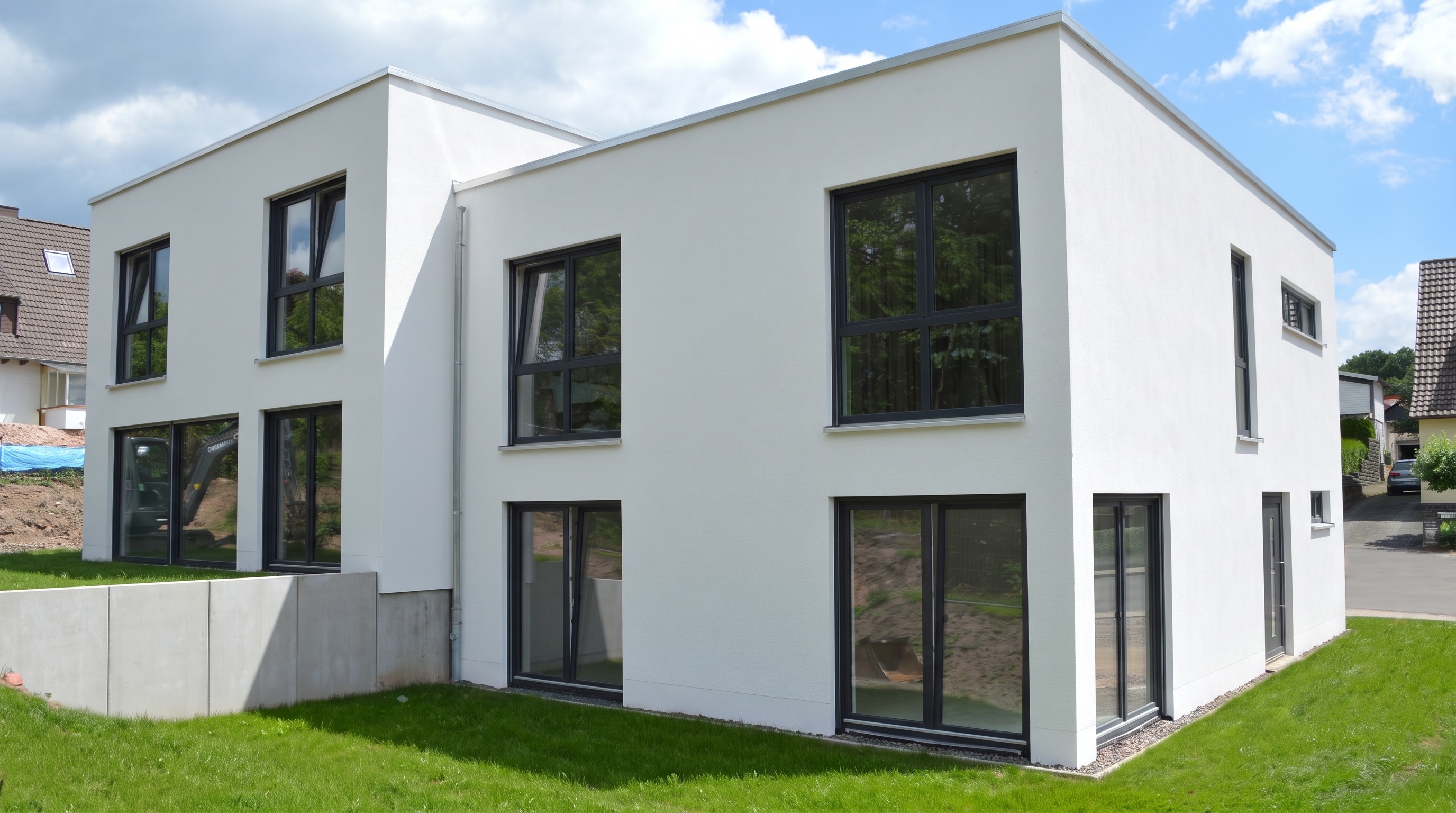 Moderne Hausfassade bei Abenddämmerung